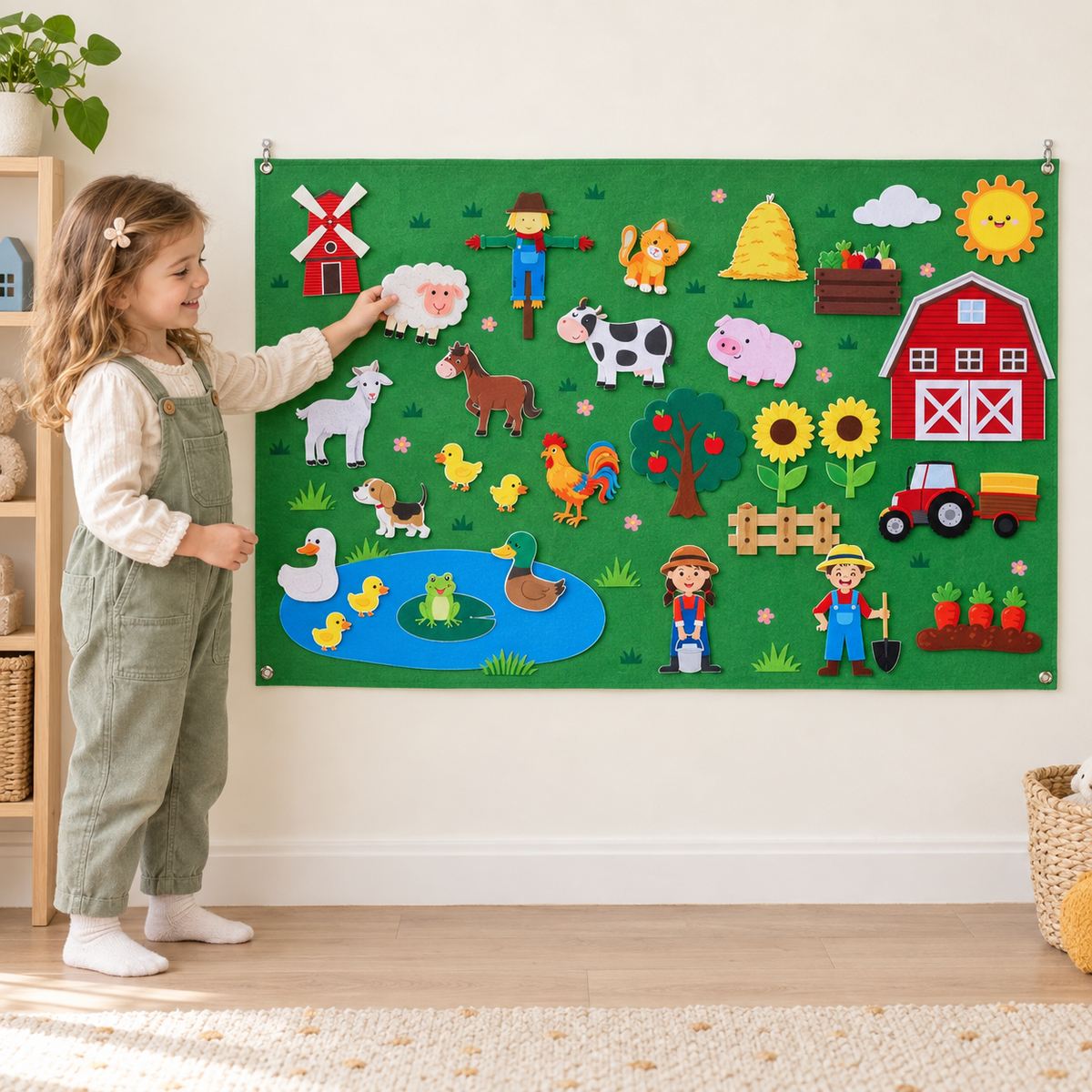 Parent and child arranging the pieces of the Farmyard Scene 1 felt storyboard
