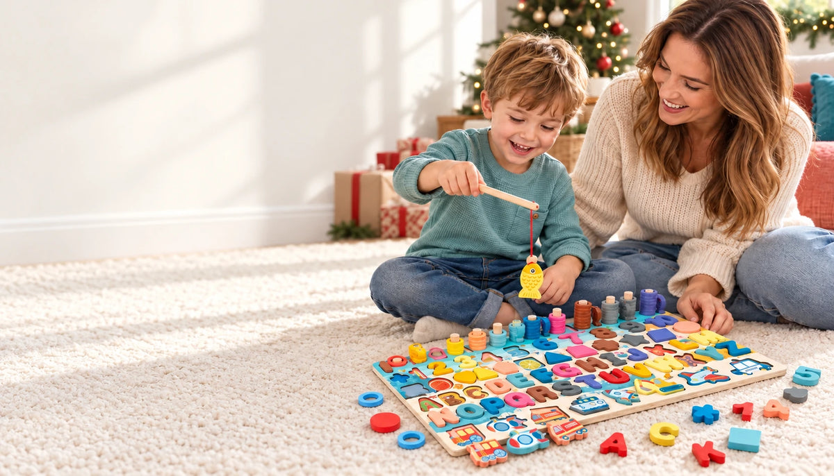 Parent and child exploring a Fishing & Matching Board together